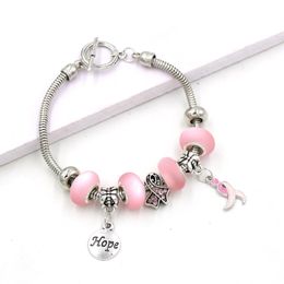 New Arrival Wholesale Breast Cancer Bracelet T-bar Toggle Closer Hope Pink Ribbon Charms Bangle&Bracelet For Breast Cancer Awareness Pulsera