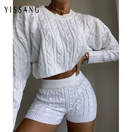 Yissang Sexy Knitted Sweater Two Piece Set Women Long Sleeve Crop Top And Short Pants Suit Spring Sets 2 Piece Set Club Outfits X0428