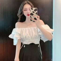 Women's Blouses & Shirts Fashion Sexy Off-shoulder Summer Folds Thin Chic Ruffled Sleeves White Tops Femme Elegant Slash Neck Shirt Feminina