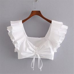 Sexy Ruffled White Crop Top Deep V neck Sleeveless Backless Pleated Short Blouses Shirts Female Sweet Cute Tops 210430