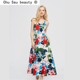 beauty Women Summer Sleeveless Mid-length Dress Waist Printed Boho Suspender Sexy Beach XXL 210514