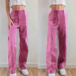 Women Straight Pants Solid Color High Elasitc Waist Corduroy Street Style Pleated Elegant Ladies Casual Trousers 210522