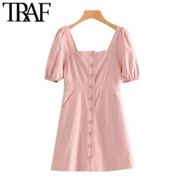TRAF Women Sweet Fashion Button-up Solid Mini Dress Vintage Square Collar Puff Sleeves Female Dresses Vestidos Mujer 210415