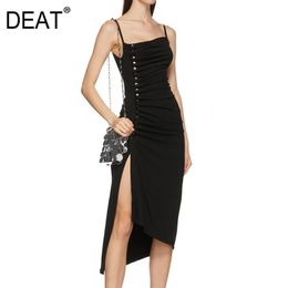 Spring And Summer Three-dimensional Cutting Irregular Fold Suspender Skirt Female Button Dress Black GX1016 210421