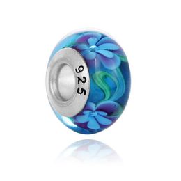 Top Quality925 Sterling Silver Murano Glass Lampwork Beads Blue Flower Fit European Pandora Charms Bracelet & Necklace Diy Jewellery