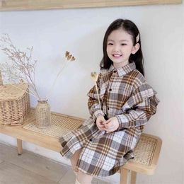 Girls Shirt Skirt Autumn New Style Children Clothing Toddler Plaid Sanding Dress Cool Little Kids Long Sleeve Blouses 210331
