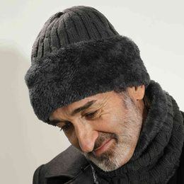 Winter Hat for Old Man Thick Plus Fleece Warm Hat men's Wool Knitted Hat With Scarf Elderly People Y21111