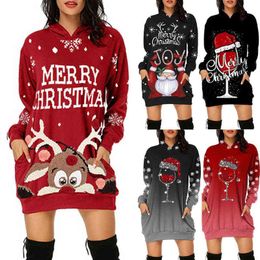 Christmas Dress Women Casual Long Sleeve Printed Sweatshirts Dress Plus Size Sexy Evening Pullover Hooded Party Female Dresses Y1118