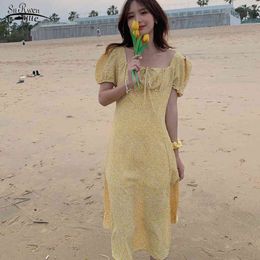 Sexy Square Collar Long Dress White Summer French Floral Beach Dress Yellow Printing Party Dress Robe Femme 14689 210518