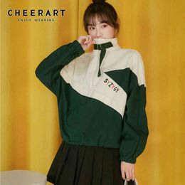 Colour Block Hoodie Women Patchwork Top Long Sleeve Letter Embroidered Sweatshirt Drawstring Loose Zipper 210427