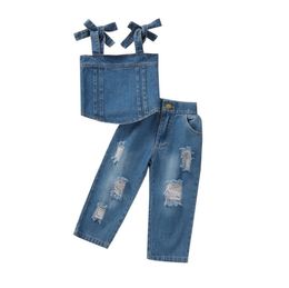 Summer Baby Girl Denim Clothing Sets Sling Cowboy Suit Ripped Jeans Trousers Girls Two-Pieces Set Children Outfits