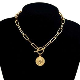 Luxury designer Necklace Vintage Carved Coin Necklaces For Women Stainless Steel Gold Colour Medallion Pendant Long Choker Boho Jewellery Collier