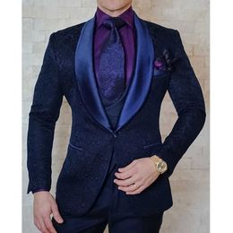 Navy Blue Floral Wedding Tuxedo for Groom 3 Piece Slim Fit Casual Man Suits with Shawl Lapel Male Fashion Jacket Pants Vest X0909