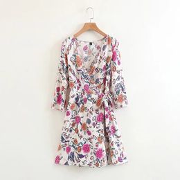 Holiday wind Floral printing V-Neck cross Kimono Mini dress Leisure big swing dresses vestidos Womens Clothing D1288 210430