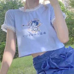 MINGLIUSILI Kawaii T-shirt Women Fashion Angel Crop Tops Sexy Summer Anime Tee Shirt Japanese Style Lace Woman Tshirts 210623