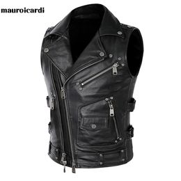 Mauroicardi Autumn Black Motorcycle Leather Vest Men Zipper Pockets Plus Size Faux Leather Biker Sleeveless Jacket 4xl 5xl 211008