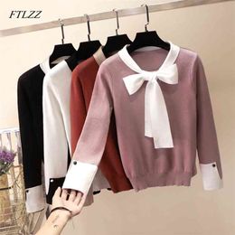 Women Knitted Sweater Tops Knotted Decoration Bowtie Cute Butterfly Collar Short Style Slim Lady Office Wear 210430