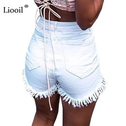 Liooil Summer Tassel Denim Shorts Black White Red Skinny High Waisted Button Pockets Casual Women Jean 210724