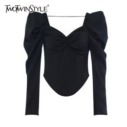 Black Slim Shirt For Women Square Collar Long Sleeve Casual Blouse Female Fashion Clothing Spring 210524