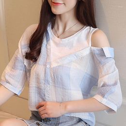 Blouse Women 2021 Summer Shirt Short Sleeve Plaid Chiffon Tops Clothes Shirts Blusas Mujer D100 Women's Blouses &