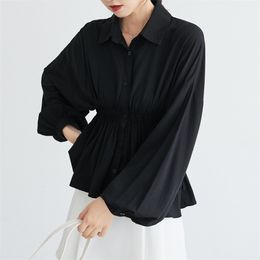 Autumn Women's Lantern sleeve Blouse Single-breasted Solid Loose Casual Elegant Shirts High waist Wild Tops 210520