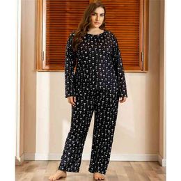DOIB Plus Size Sleepwear Set Women Black Print T-Shirt Trousers Large Size Homewear Two Pieces Suit Nightwear Sleepwear Pyjamas 210330