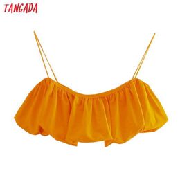 Tangada Women Sexy Orange Pleated V Neck Camis Crop Top Beach Spaghetti Strap Short Shirts Tops 4N42 210609