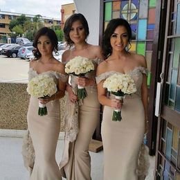 Elegant Off The Shoulder Bridesmaid Dresses Long Mermaid Satin Lace Appliques Maid Of Honor Gowns 2021 Arabic Aso Ebi Formal Evening Wedding Party Guest Dress