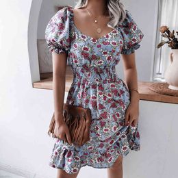 Summer beach vintage ruffles dress Casual Square Collar dress for womens Lantern Sleeve Floral Casual Ruffle Dress vestidos 210514