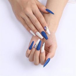 blue glitter nails UK - False Nails Women Glitter Royal Blue Beauty T-Shaped Fake Nail Ballet Tip