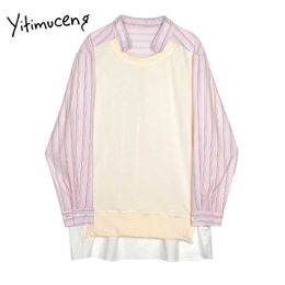 Yitimuceng Striped Patchwork Fake 2 Pieces Blouse Women Button Shirts Loose Spring Long Sleeve Turn-down Collar Tops 210601