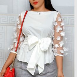 Blouse Patchwork Sleeves with Appliques Bowtie Waist Belt Tops Shirts White Yellow Red Bluas Female Fashion Elegant 210416