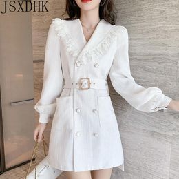 Casual Dresses Temperament OL Short White Tweed Dress 2021 Autumn Lace Trim Notched Double Breasted Lantern Sleeve Blazer Women