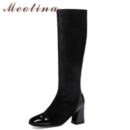 Knee-High Boots Women Shoes Patent Leather High Heel Long Square Toe Block Heels Zip Lady Autumn Winter 210517