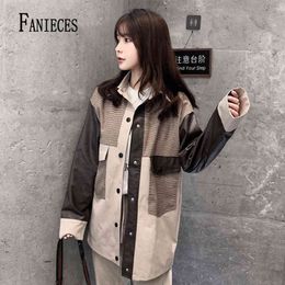 High Quality Fashion Plaid Women Loose Trench Coat PU leather Patchwork pocket Long Single Breasted Autumn Winter coats 210520