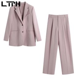 Office Lady pink Blazer women Pant Suits two piece set loose casual Pockets Blazers high waist Suit pants Spring 210427