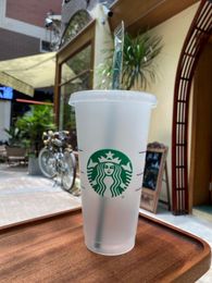 Starbucks 24oz/710ml Plastic Mugs Tumbler Gift Lid Reusable Clear Drinking Flat Bottom Straw Color Changing Flash Black Cup