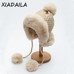 Outdoor Earflap hat Wool Knitted Snow Ski Cap Fleece Bomber Trapper Hat Women Ushanka Faux Fox Fur Pompom Winter Russain Cossack