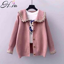 Women Sweater Cardigans Peter Pan Collar Cute Loose Korean Coat Button Up Pink Knit Jacket Poncho Femme 210430