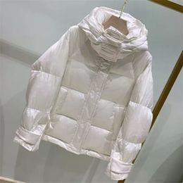 Winter Women Elegant Bright Face White Duck Down Jacket Female Sweet Hooded Down Loose Jackets Lady Warm Snow Coat 211007