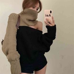 Sweater Women Autumn Winter Off-shoulder Turtleneck Patchwork Loose Lazy Knit Pullover Korean Top GX1481 210506
