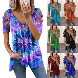 V Neck Zipper Short Sleeve Top Summer Sexy Women Printed Hollow Out T Shirt Fashion Loose Off Shoulder Casual Plus Size Shirts 210720