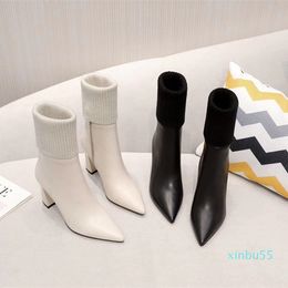Fashion designer design lady leather boots high heel fabric splicing generous luxury elegant boots 35-41
