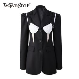 Hit Colour Casual Blazer For Women Notched Long Sleeve Patchwork Striped Joker Blazers Female Fashion Clothing 210524