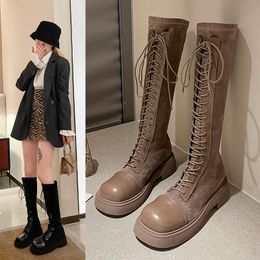 Boots Shoes Lady Lace Up Boots-Women Sexy Thigh High Heels Round Toe 2021 Rubber Autumn Over-the-Knee Med Western