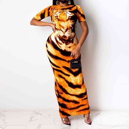 Women Tiger Printed Short Sleeve Maxi Long Dress Chic Classy Office Ladies Funny Dress Streetwear 210521