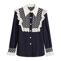 Women Long Sleeve Shirt Blouse Navy White Lace Embroidery Mori Girl Sweet Japan Style Turn Down Collar B0702 210514