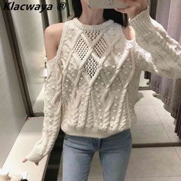 Women's Knitting Long Sleeve Pullover Solid Colour Round Neck Casual Knit Chic Off-The-Shoulder Openwork Knitted Top 210521
