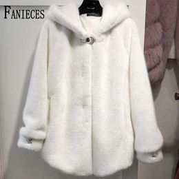 Chic Faux Fur Coats Jackets Hooded Women Autumn Winter Overcoat Cosy Soft Warm Outerwear Female Jacket 210520