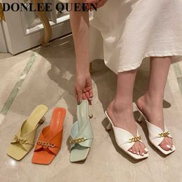 Brand Designer Metal Chain Slipper Thin Med Heels Shoes Fashion Peep Toe Slides Outdoor Flip Flops Sandals Mujer 210715
